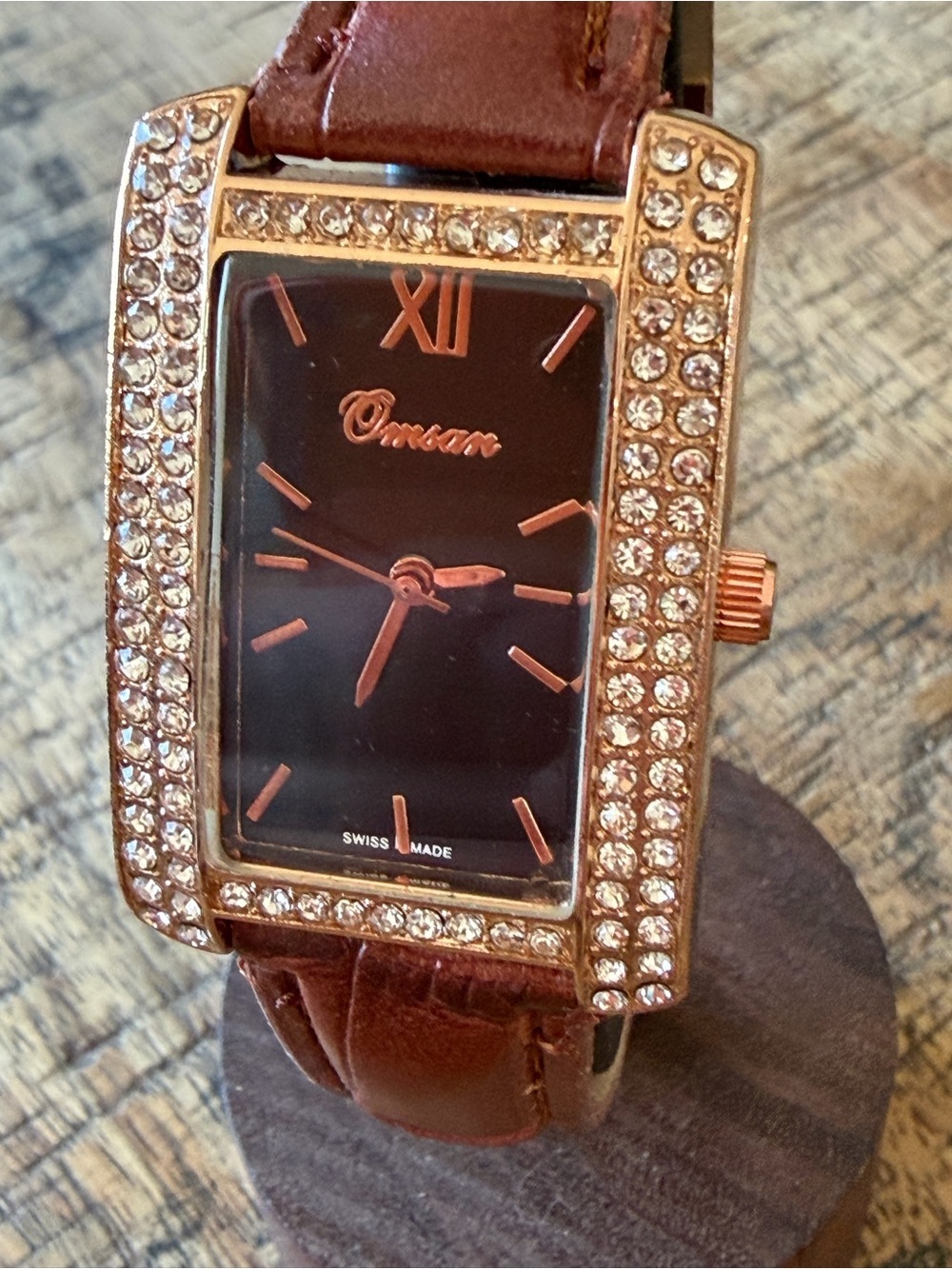 NEW! Omcan Crystal Rectangle Women’s Watch Brown Leather Swiss Made - Picture 2 of 6